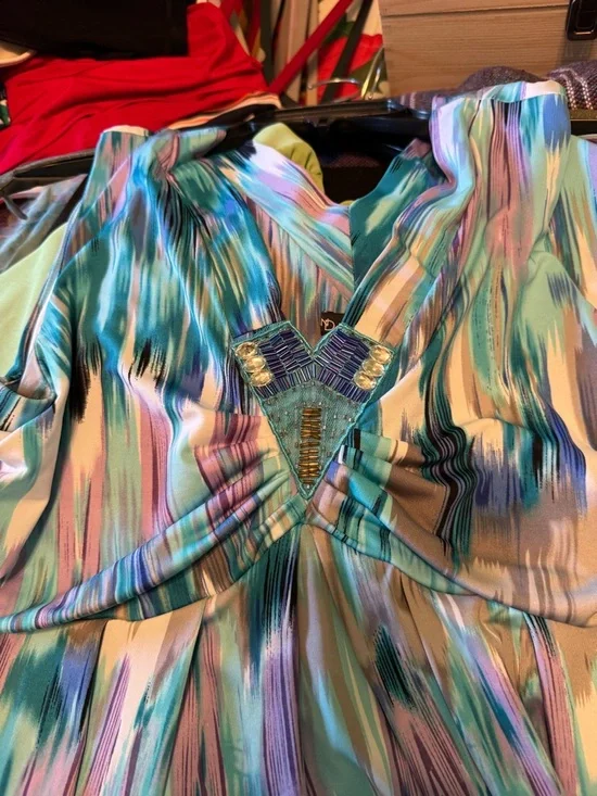 New Directions Teal & Aqua Beaded V-Neck Top - Picture 5 of 6